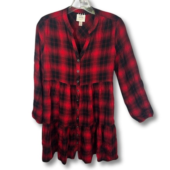 Knox Rose Small Red Black Boho Dress Tunic Buffalo Plaid Festive Christmas Cabin - Picture 3 of 10
